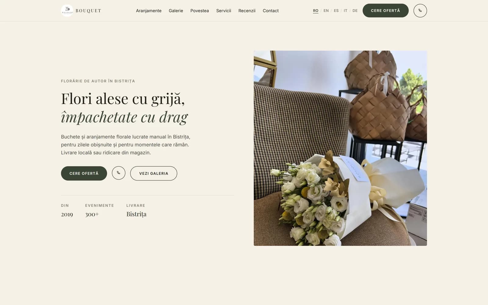 Captură din site-ul Bouquet · Pack Your Love